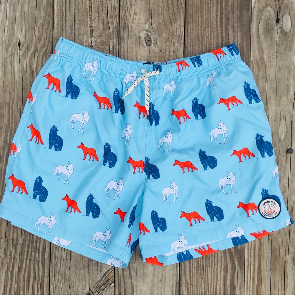 Jack Threads Dog Wolf Board Shorts Red White Blue Large Pockets
